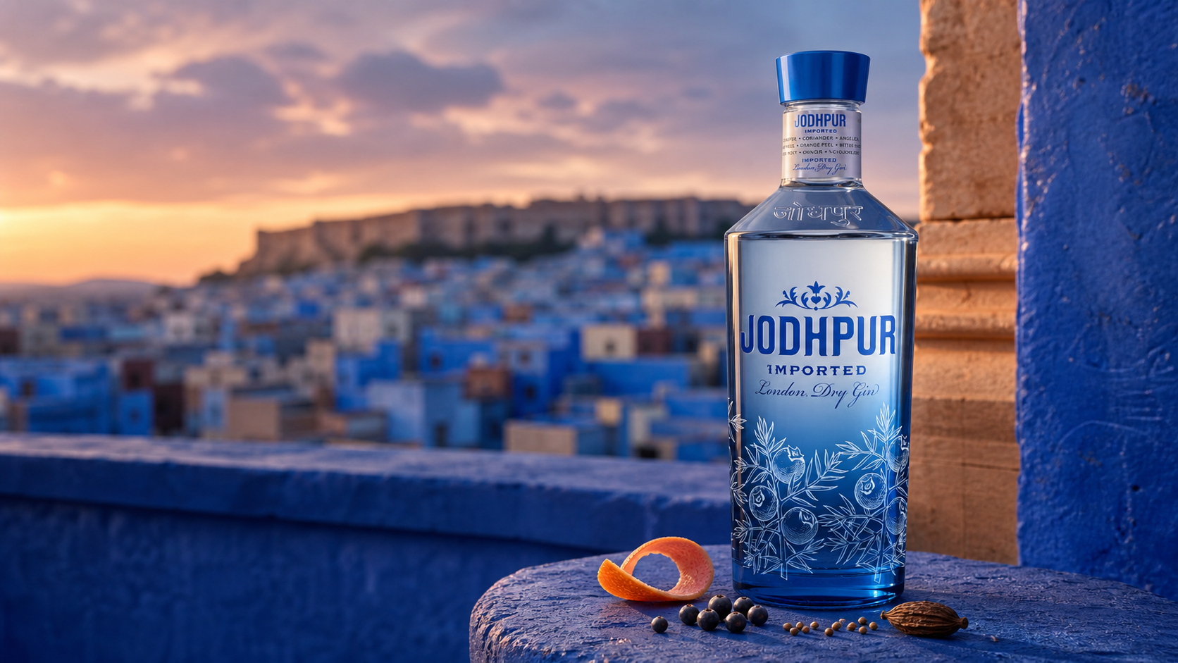 Jodhpur London Dry Gin na modré střeše s výhledem na město Jodhpur